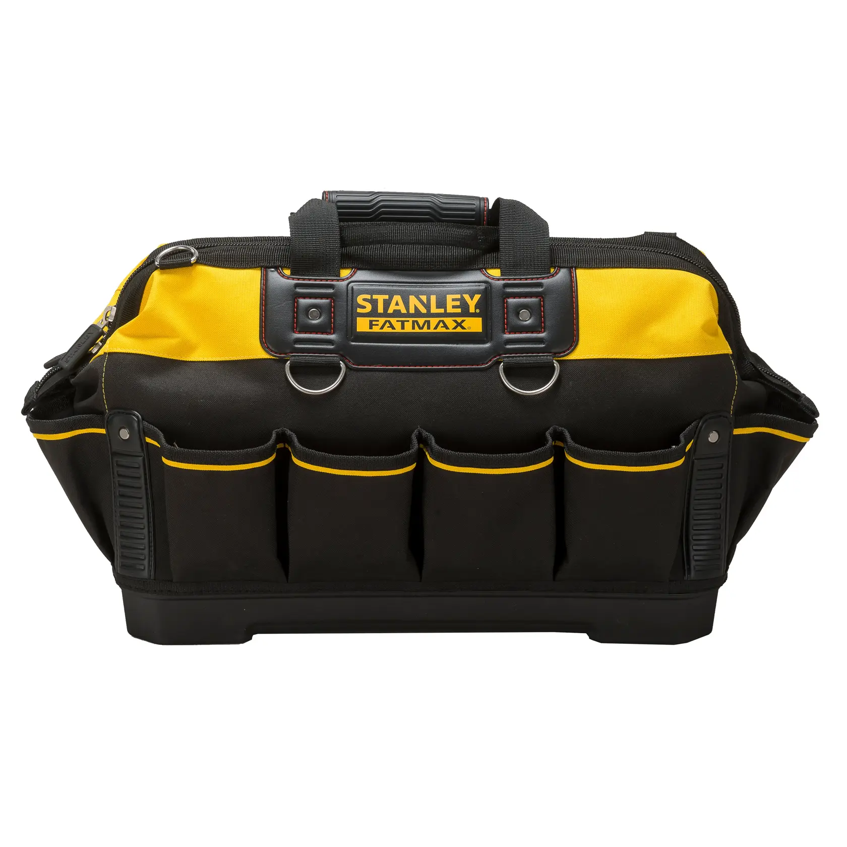 STANLEY 1-93-950 tool bag with black and yellow fabric, multiple front pockets, front angle.