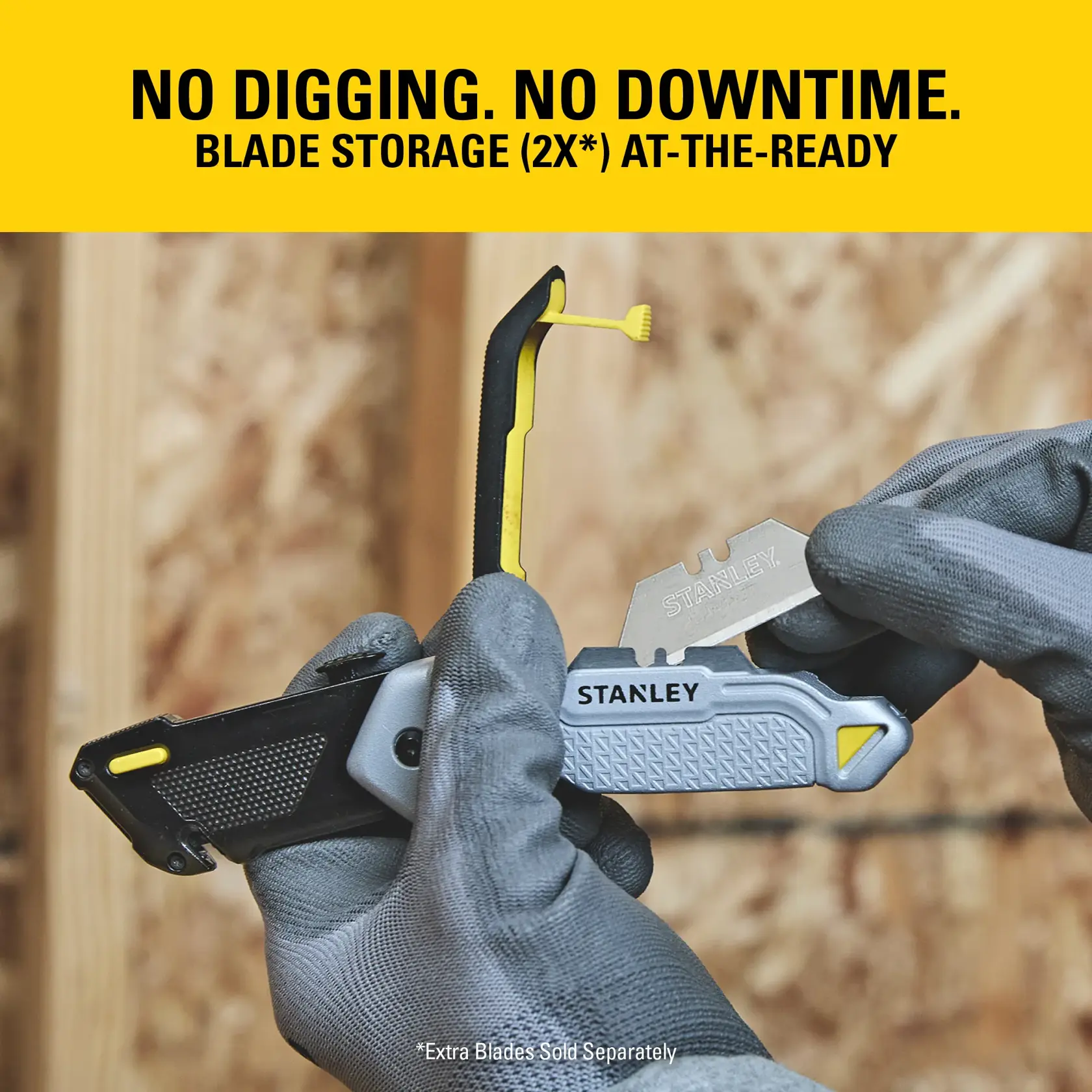 Stanley utility knife with blade storage feature, being shown with gloves in a work setting.
