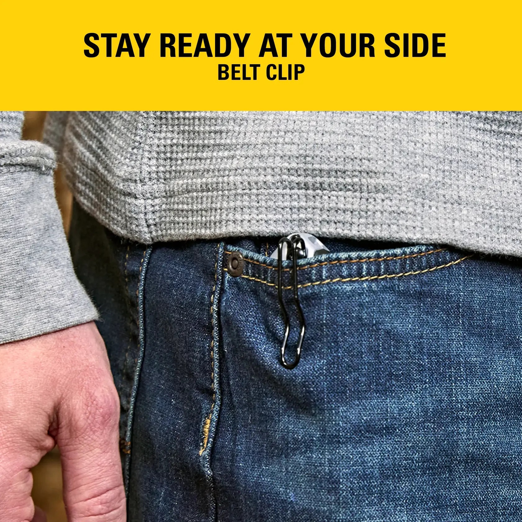 A belt clip tool attached to the pocket of blue jeans under a yellow banner with text.