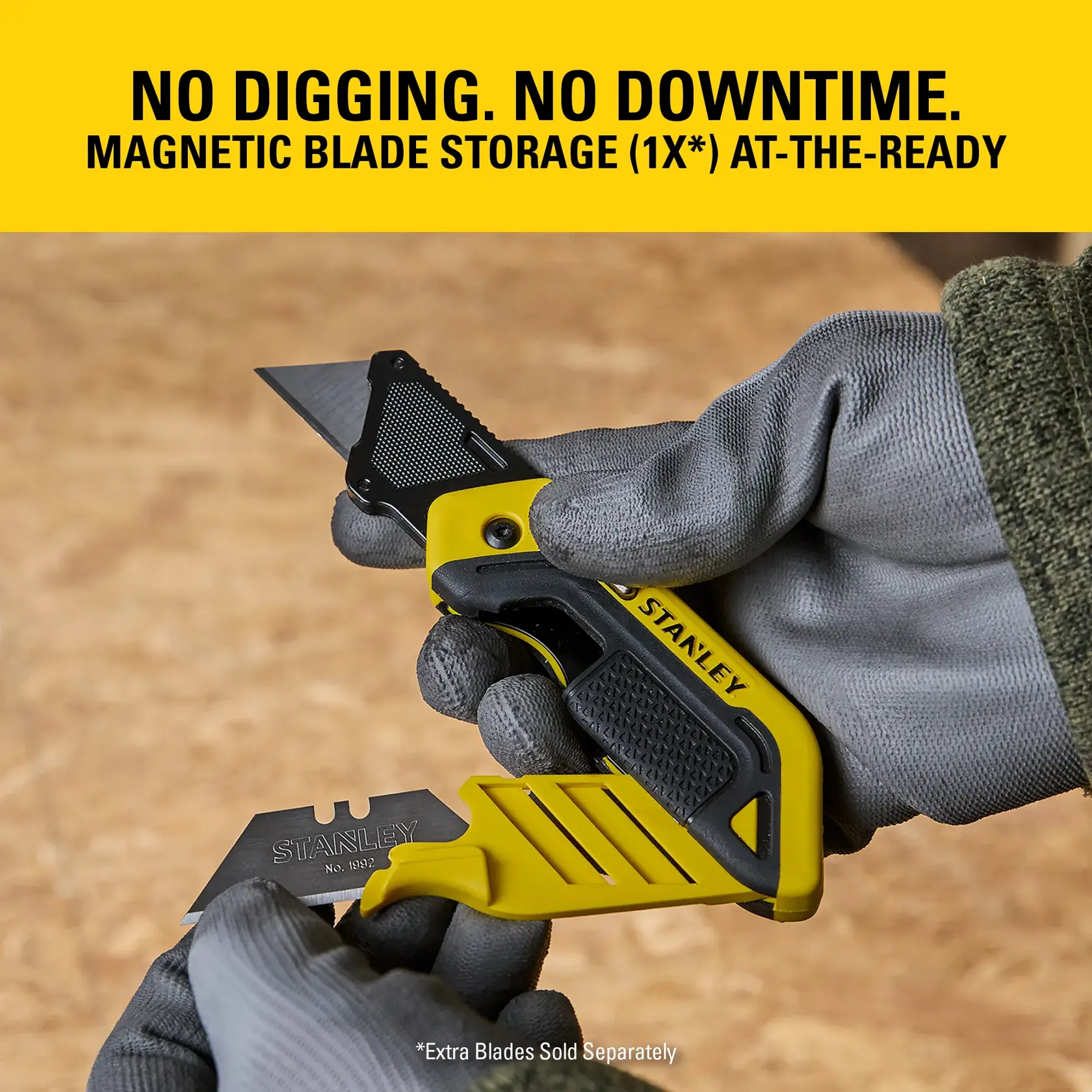 Stanley utility knife with magnetic blade storage, held by gloved hands, extra blade shown.