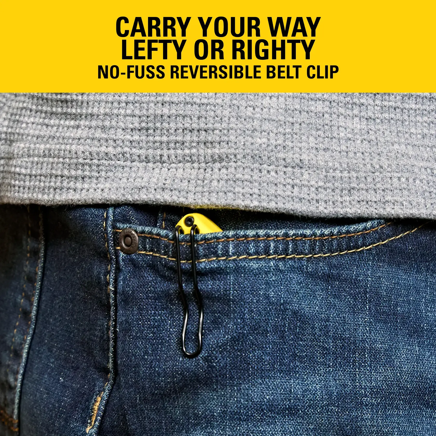 Stanley tool with reversible belt clip in a jeans pocket, suitable for left or right-handed carrying.