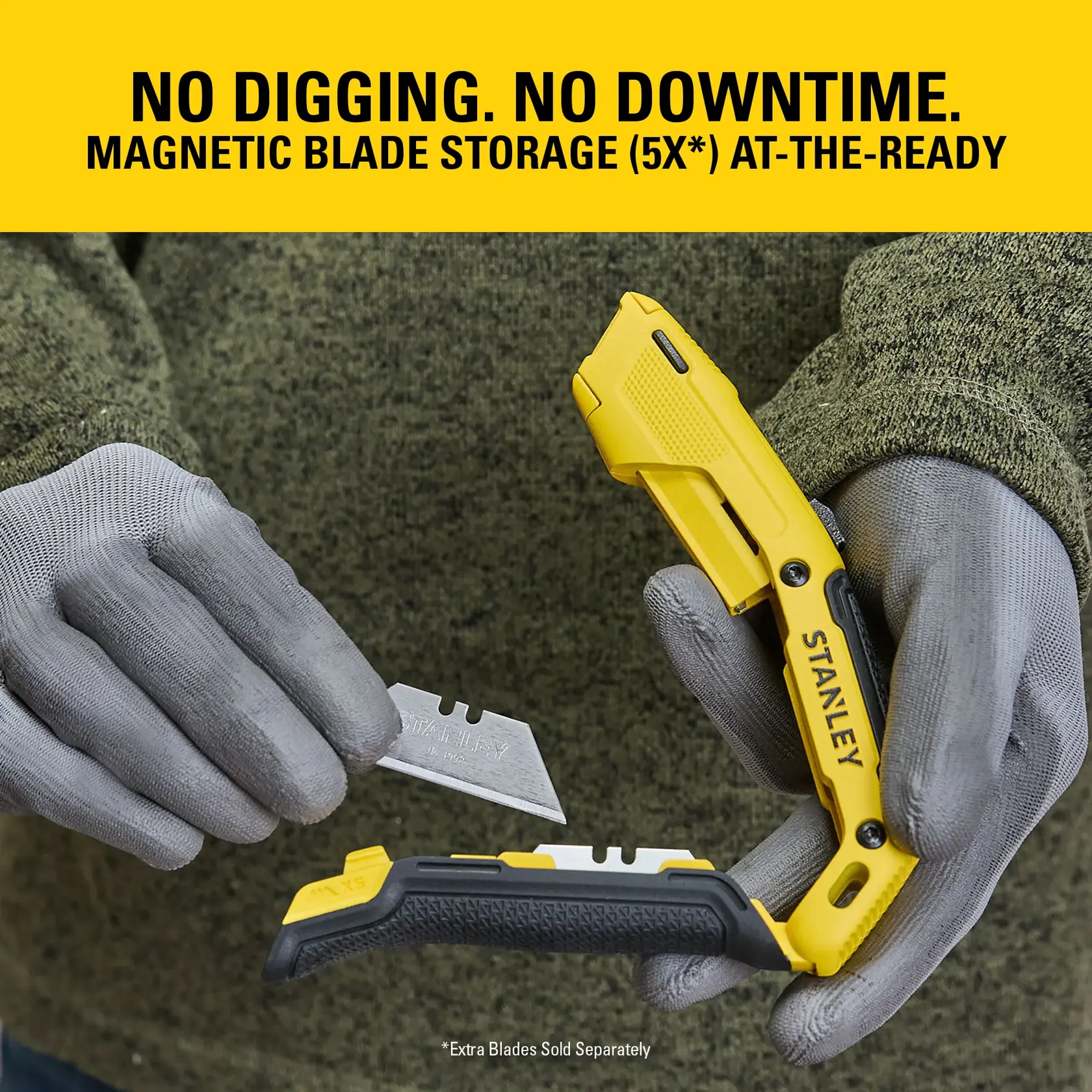 Stanley utility knife with magnetic blade storage, gloved hands holding a blade and the open handle.