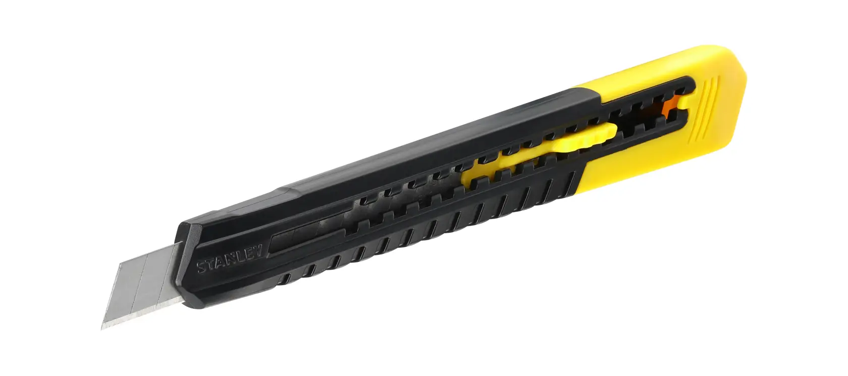 STANLEY 0-10-150 utility knife with yellow and black body, side view on white background.