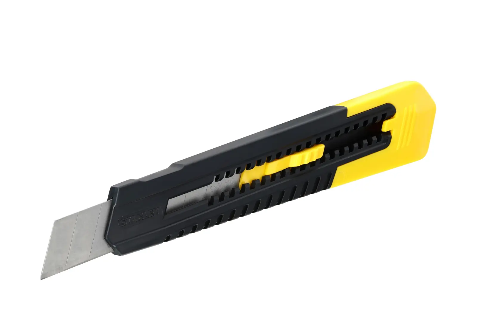 STANLEY 0-10-151 utility knife with black and yellow handle, side angle, white background.