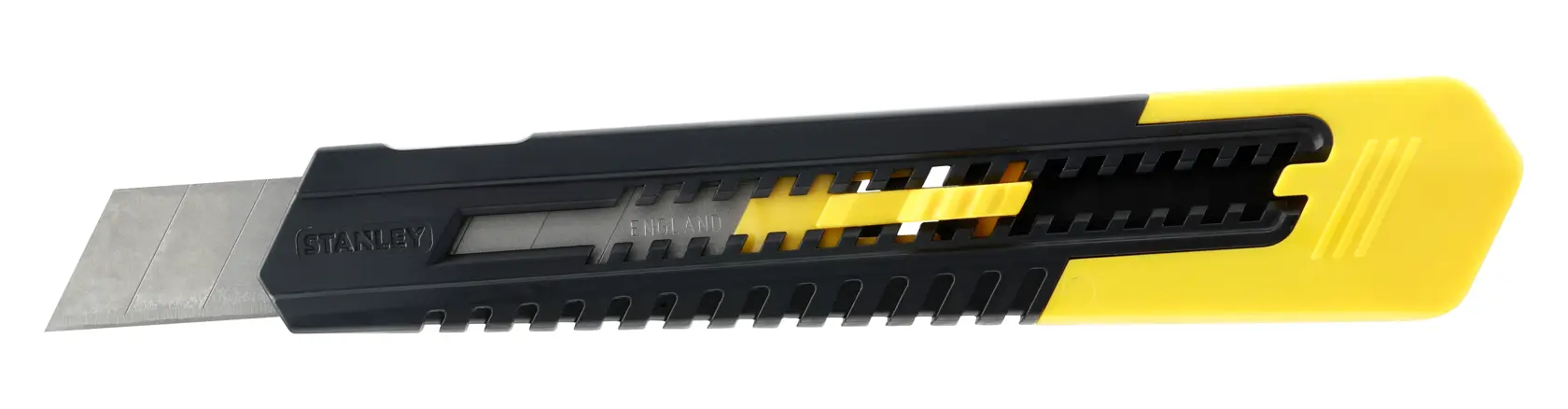 Retractable black and yellow utility knife with segmented blade for precise cutting tasks.