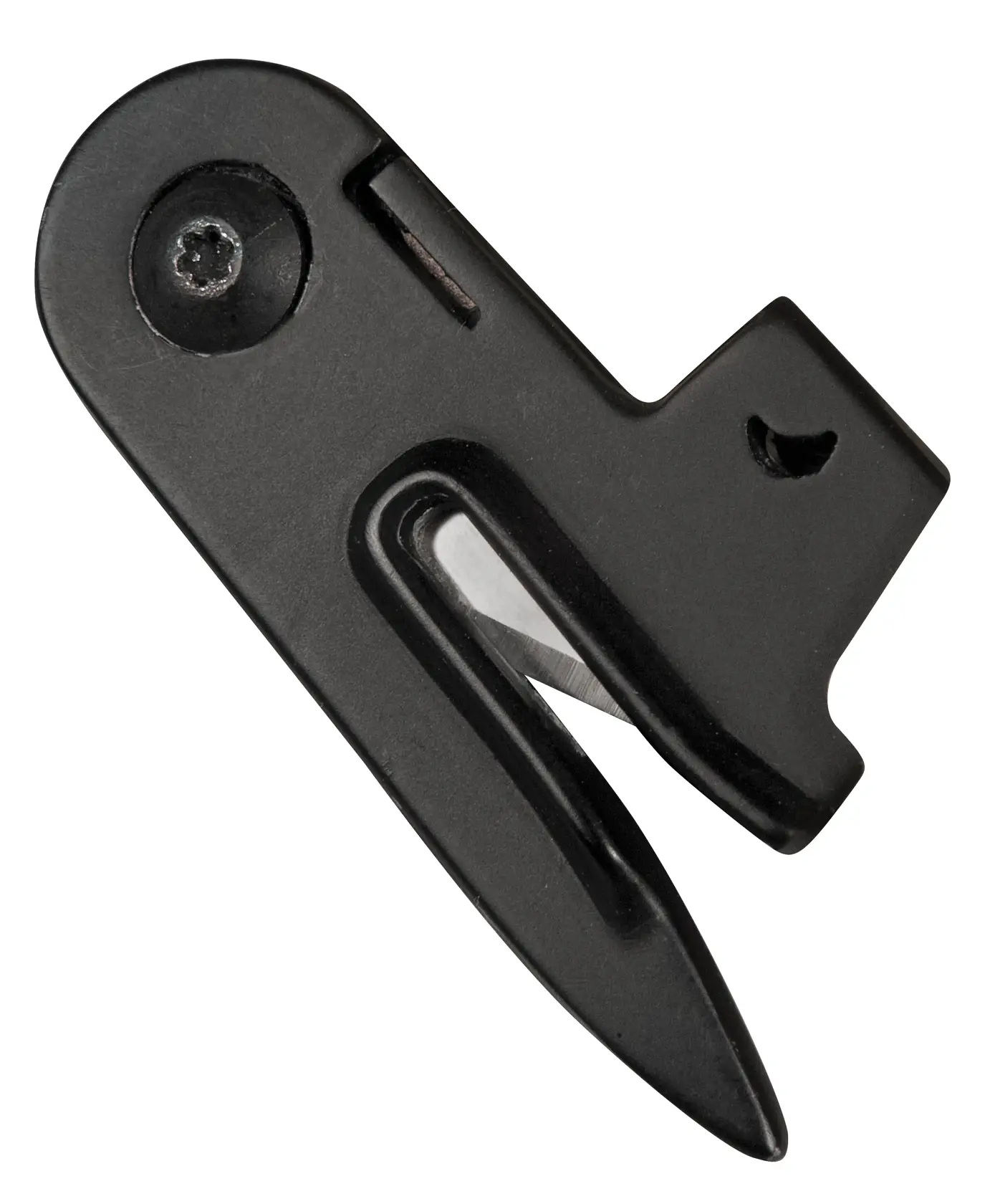 STANLEY 0-10-245 black plastic and metal string line cutter, front angle on white background.