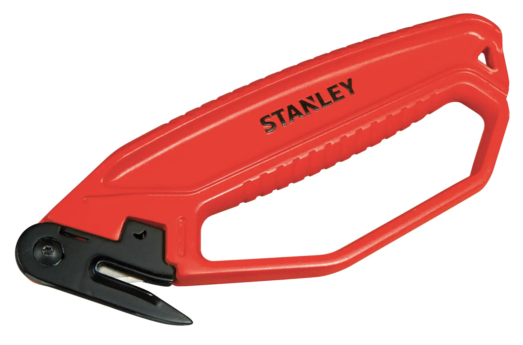 STANLEY 0-10-245 red safety cutter with enclosed blade, angled handle, product photo on white background.