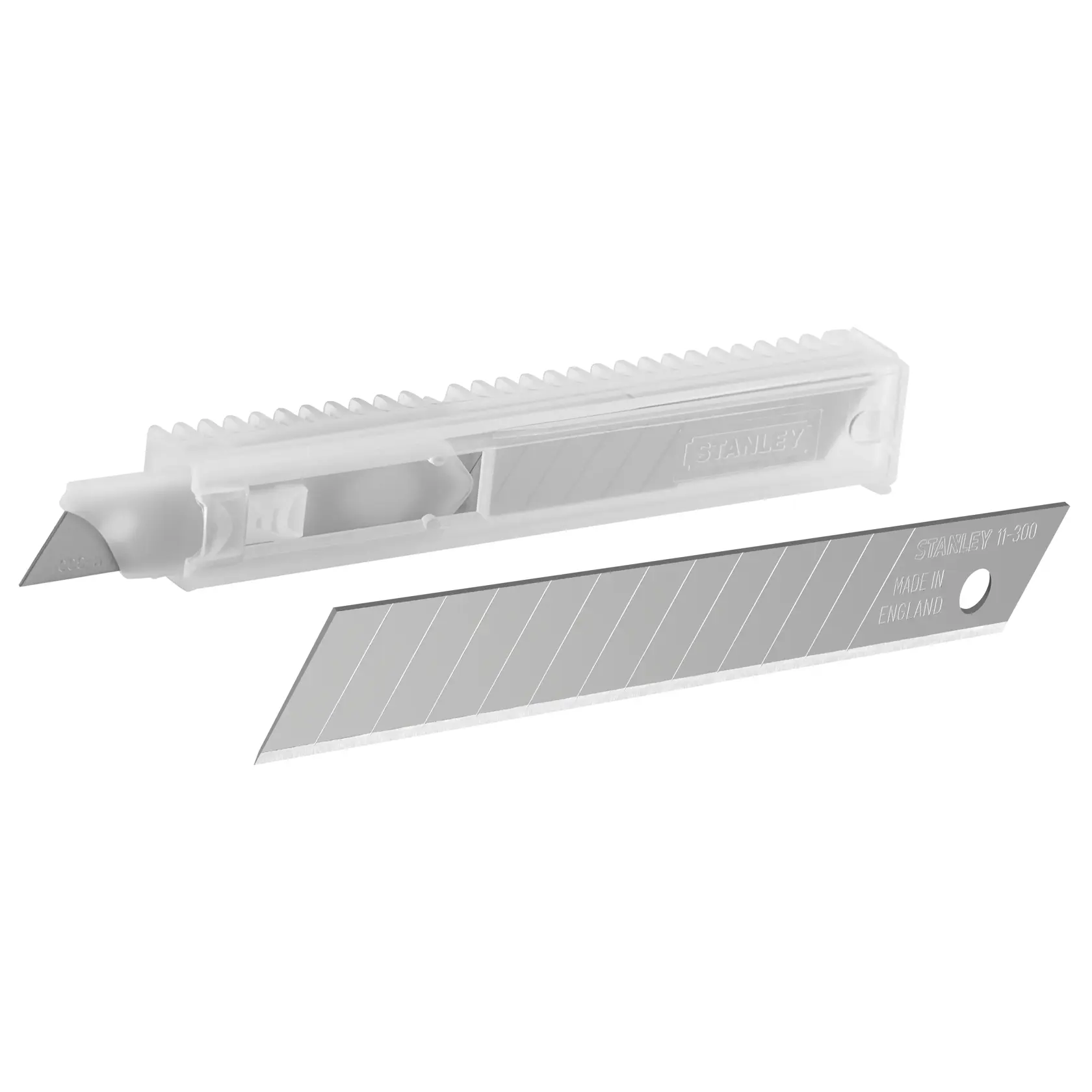 STANLEY 0-11-300 utility knife blade with segmented design and clear plastic storage case, side angle.