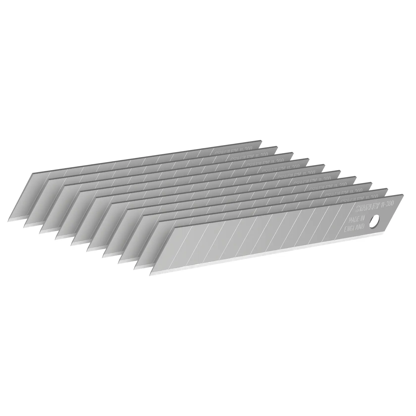 STANLEY 0-11-300 snap-off utility blades pack, silver color, side angle on white background.