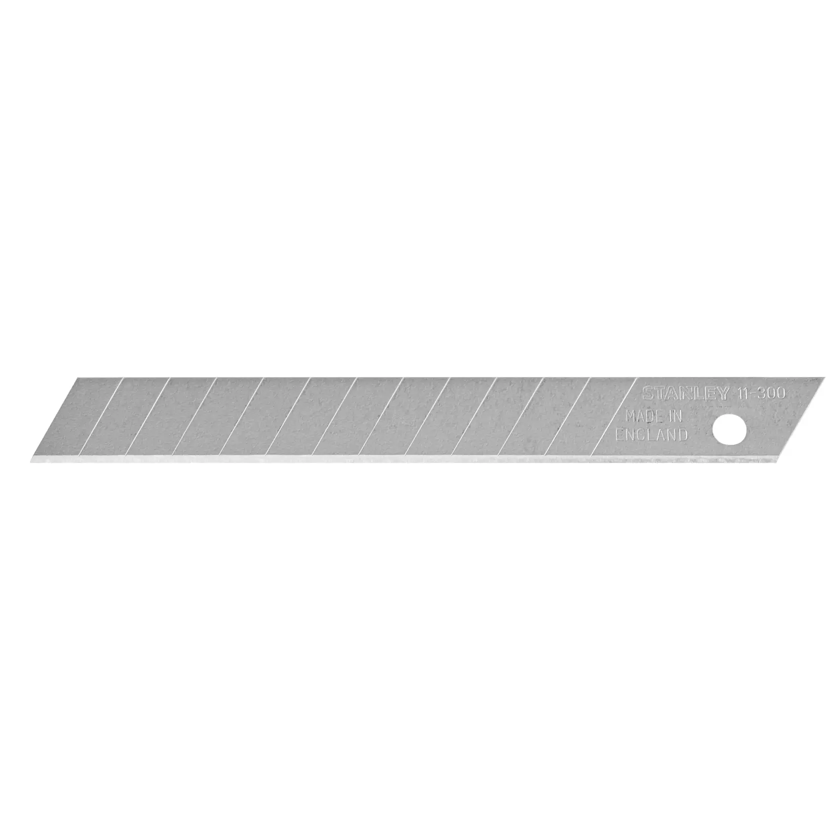 Silver snap-off utility knife blade with diagonal lines and hole at one end, shown against white background.