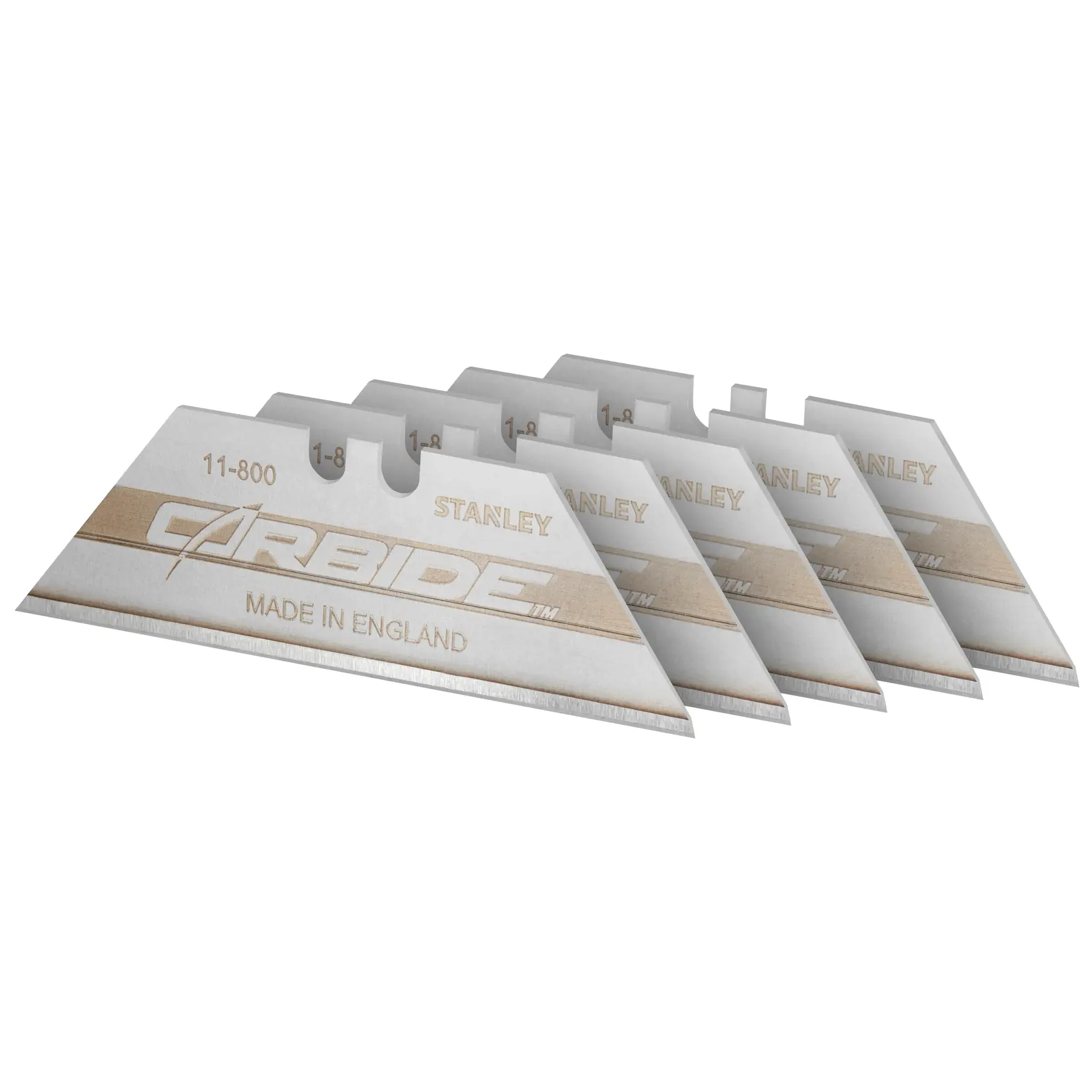 STANLEY 0-11-800 utility knife blades, silver, pack of five, angled view, CARBIDE branding visible.