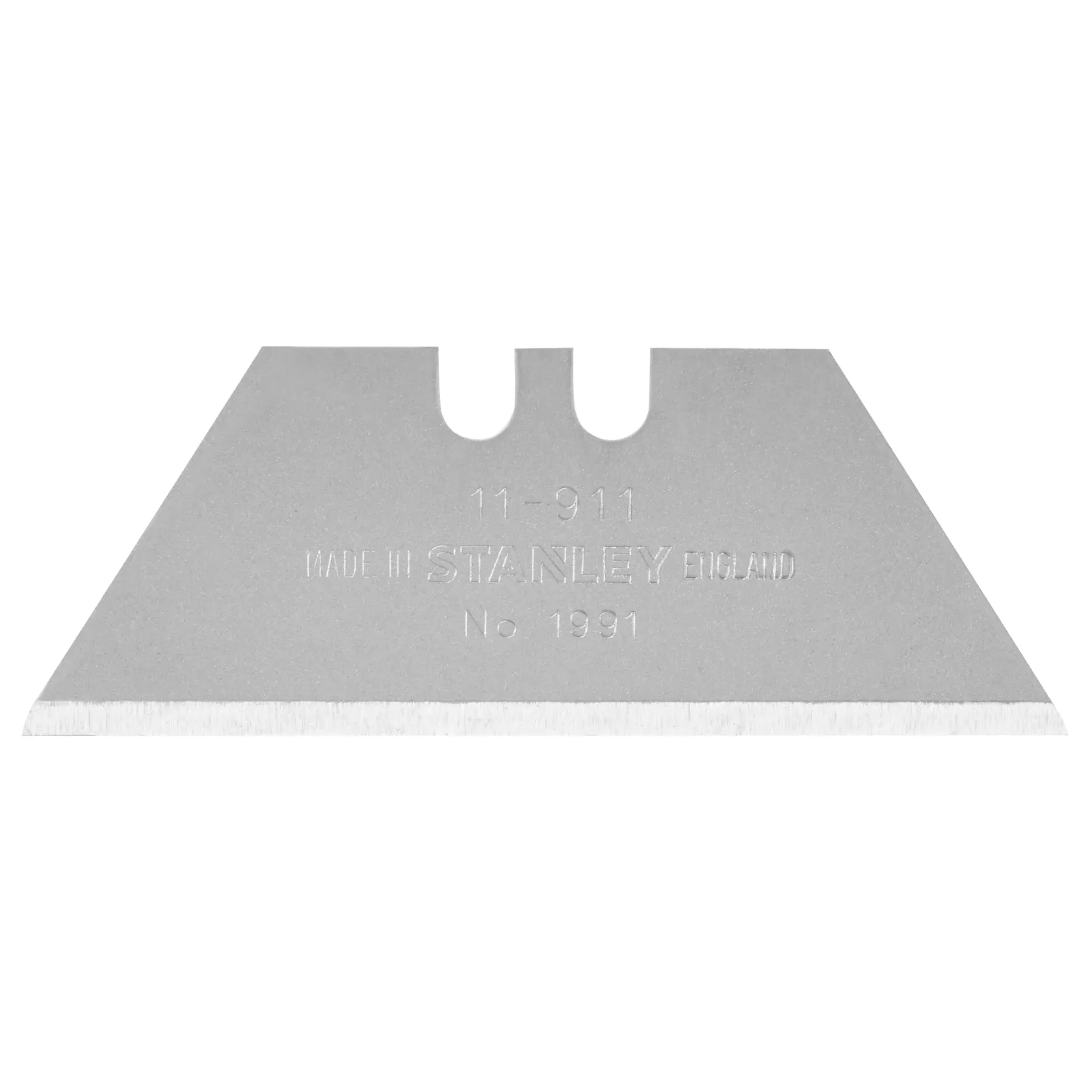 Rectangular utility blade with two notches, silver color, STANLEY brand, suitable for cutting tasks.