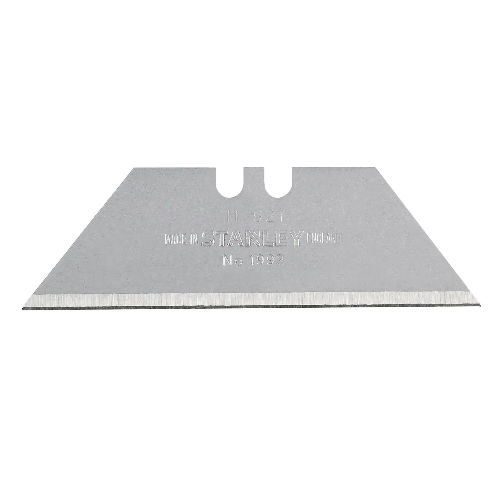 STANLEY SKU 0-11-921 utility knife blade, silver, straight edge, front view, product photography.