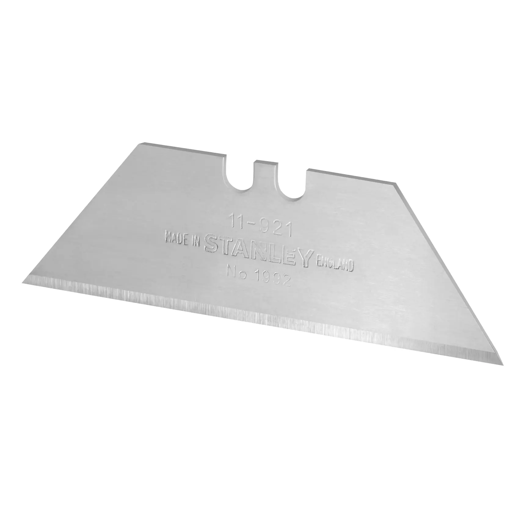 STANLEY 0-11-921 utility knife blade, silver metal, angled edge, product photography on white background.