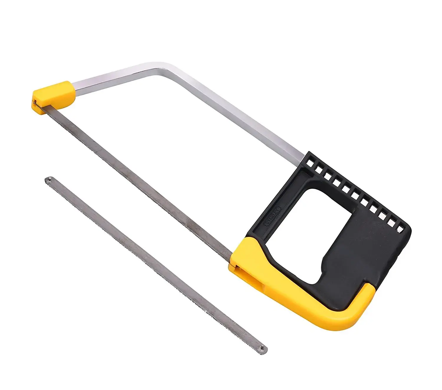 STANLEY 0-15-218 hacksaw with black and yellow handle and extra blade, front angle photo.