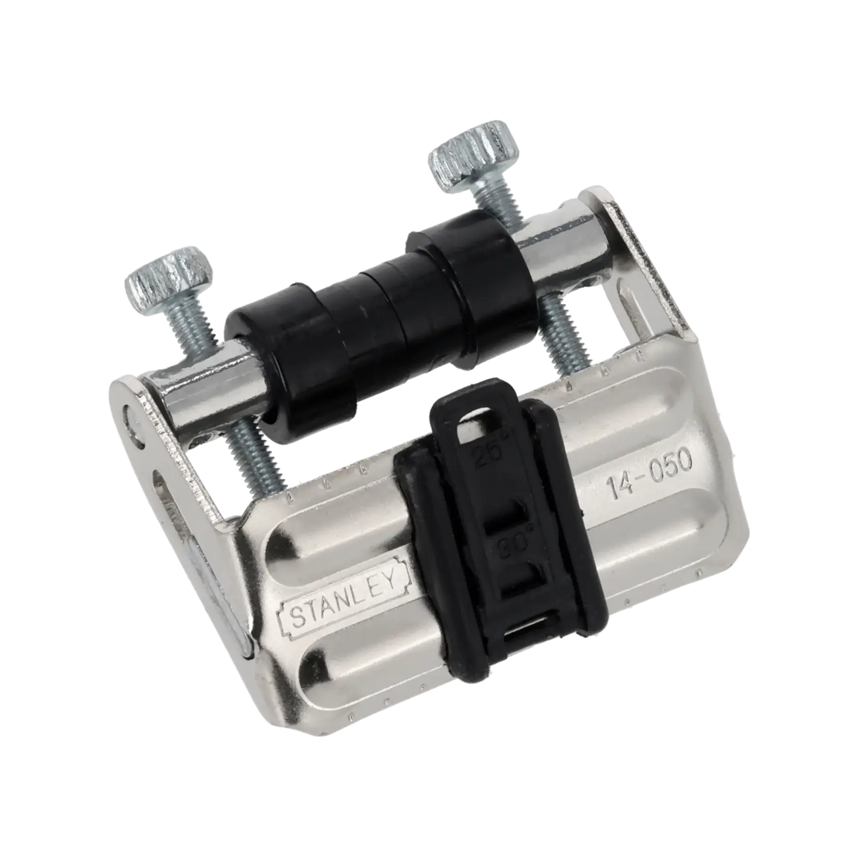 Stanley® socket and ratchet set, front angle, chrome sockets, screwdriver bits and black handle on white background