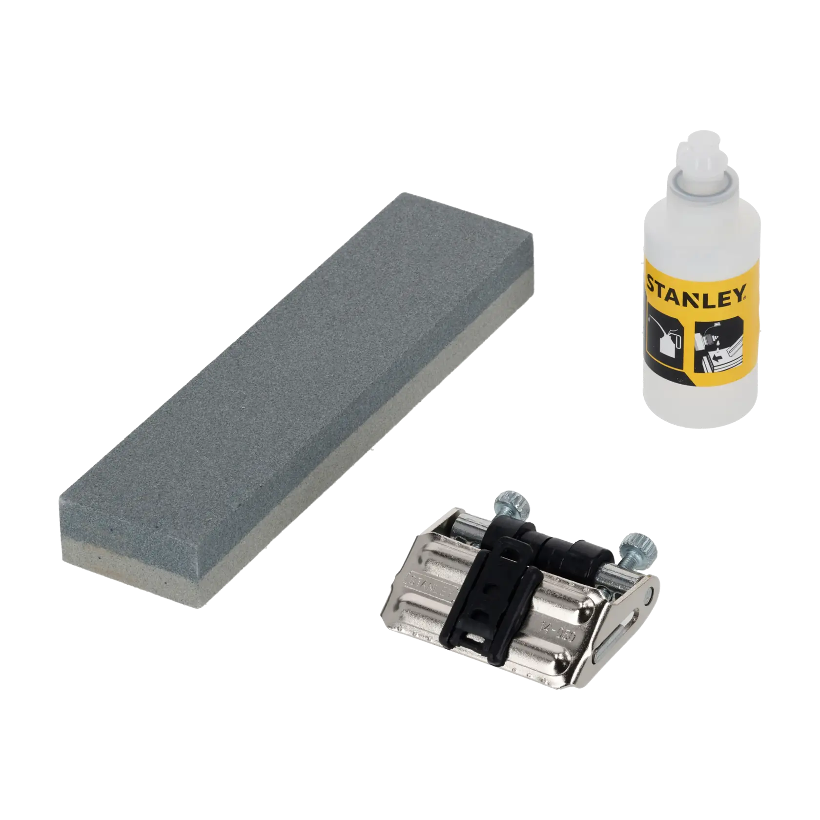 STANLEY 0-16-050 sharpening kit with oil, sharpening stone, and honing guide, product photography, top view.