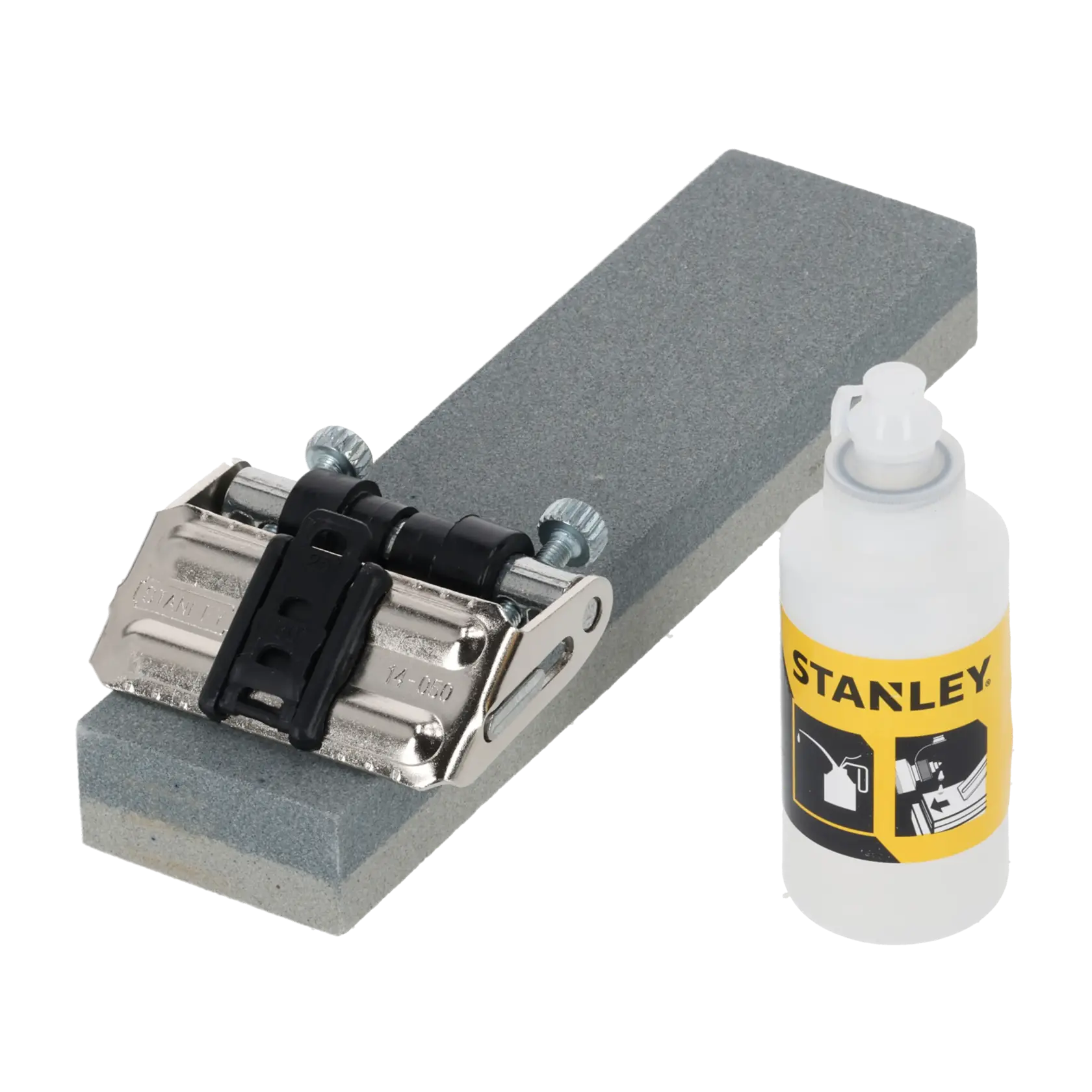 STANLEY 0-16-050 sharpening kit with honing guide, gray sharpening stone, and oil bottle, front angle.