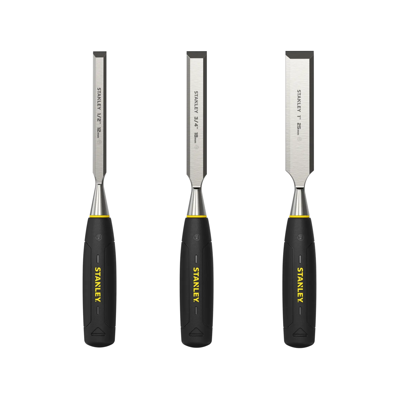 Three STANLEY woodworking chisels with black handles displayed upright against a white background.