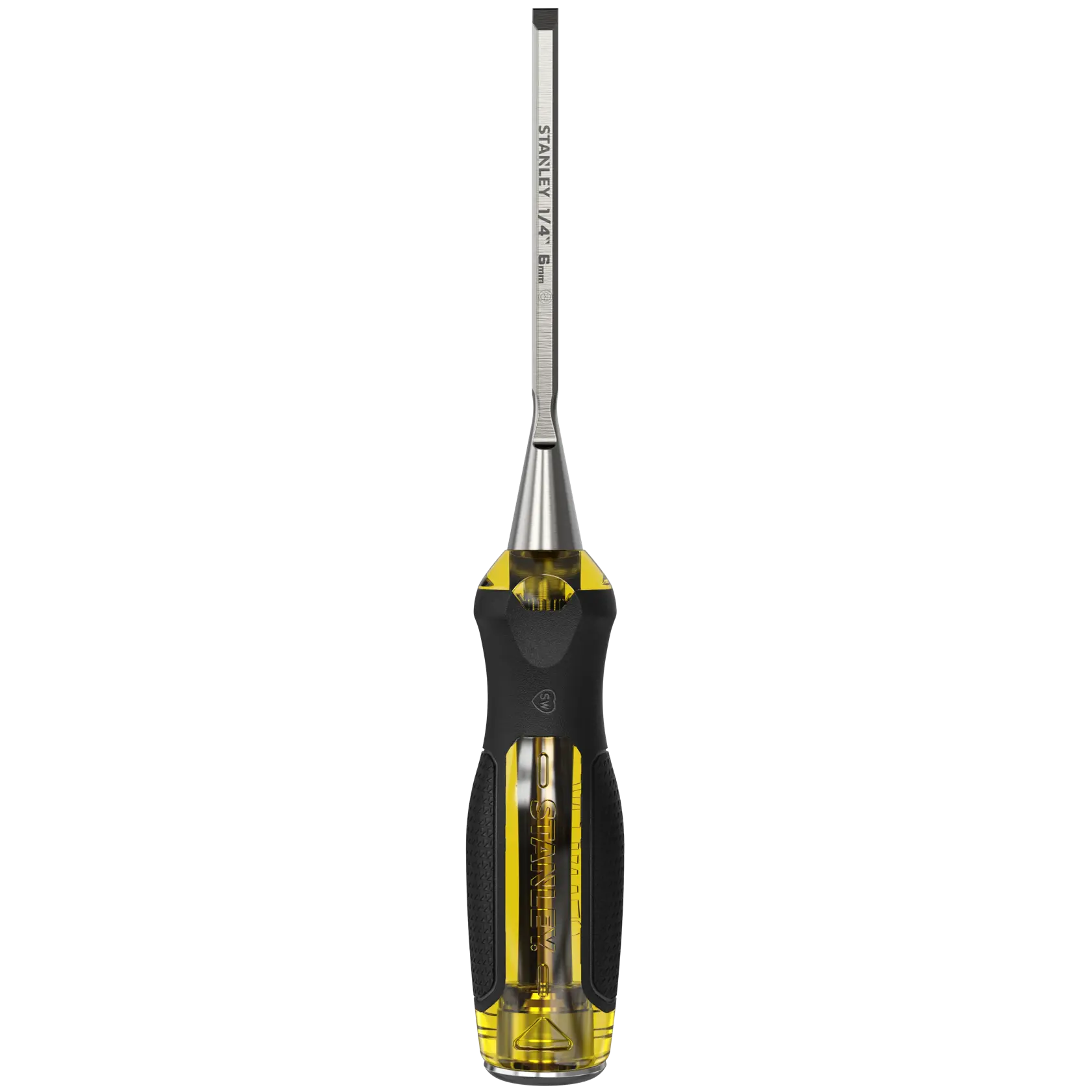 Photo of STANLEY 0-16-251 chisel with yellow and black ergonomic handle, side view, on white background.