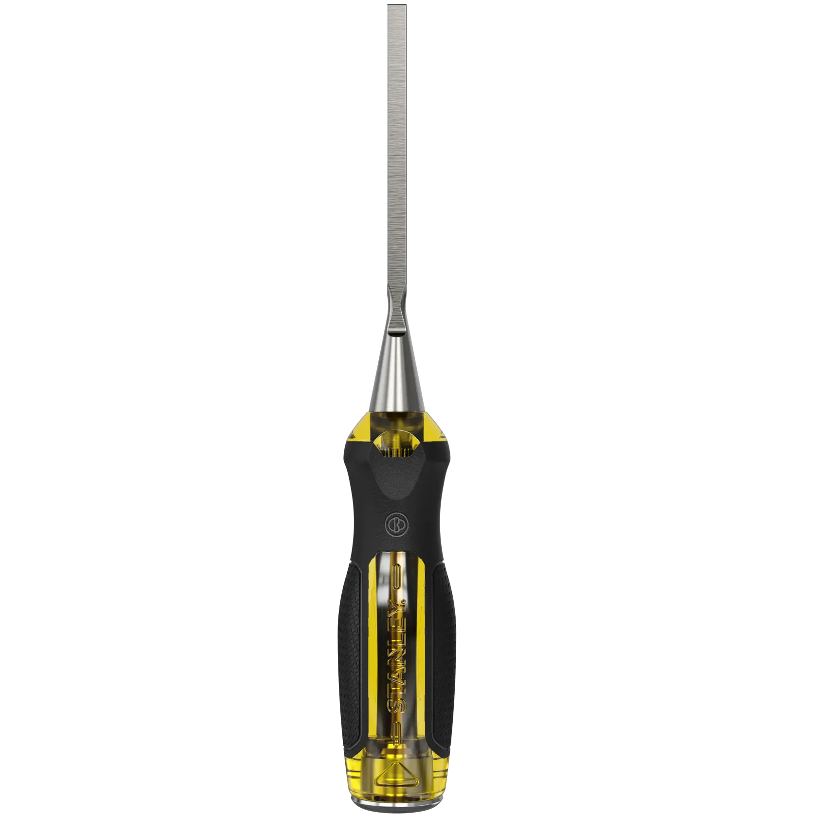 STANLEY 0-16-251 chisel with yellow and black ergonomic handle, front view on white background.