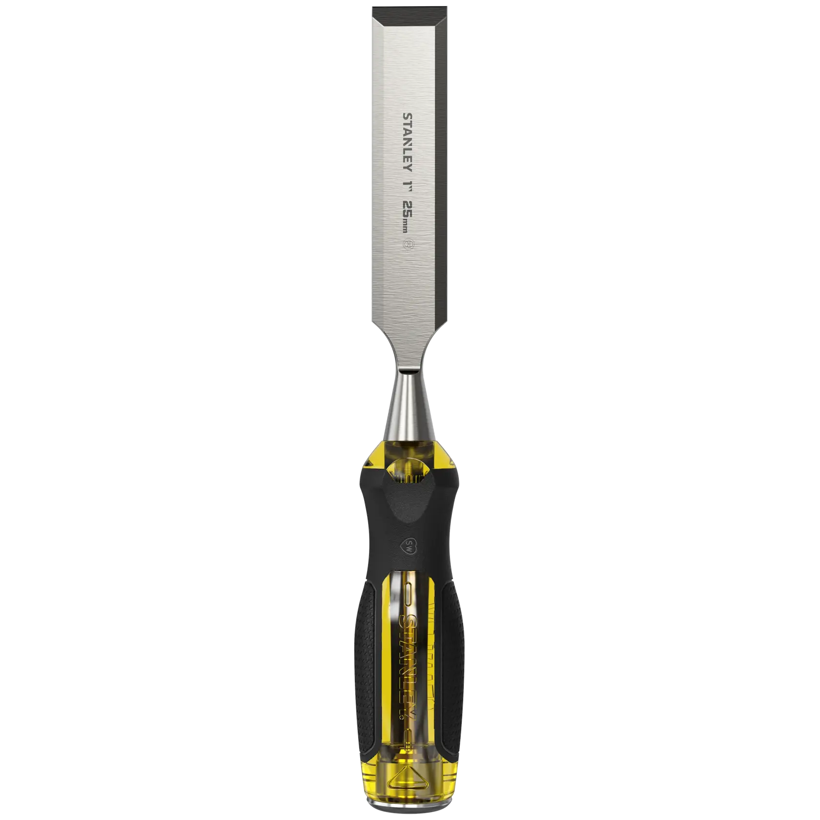 Stanley wood chisel with a 25mm steel blade and yellow-black grip handle.