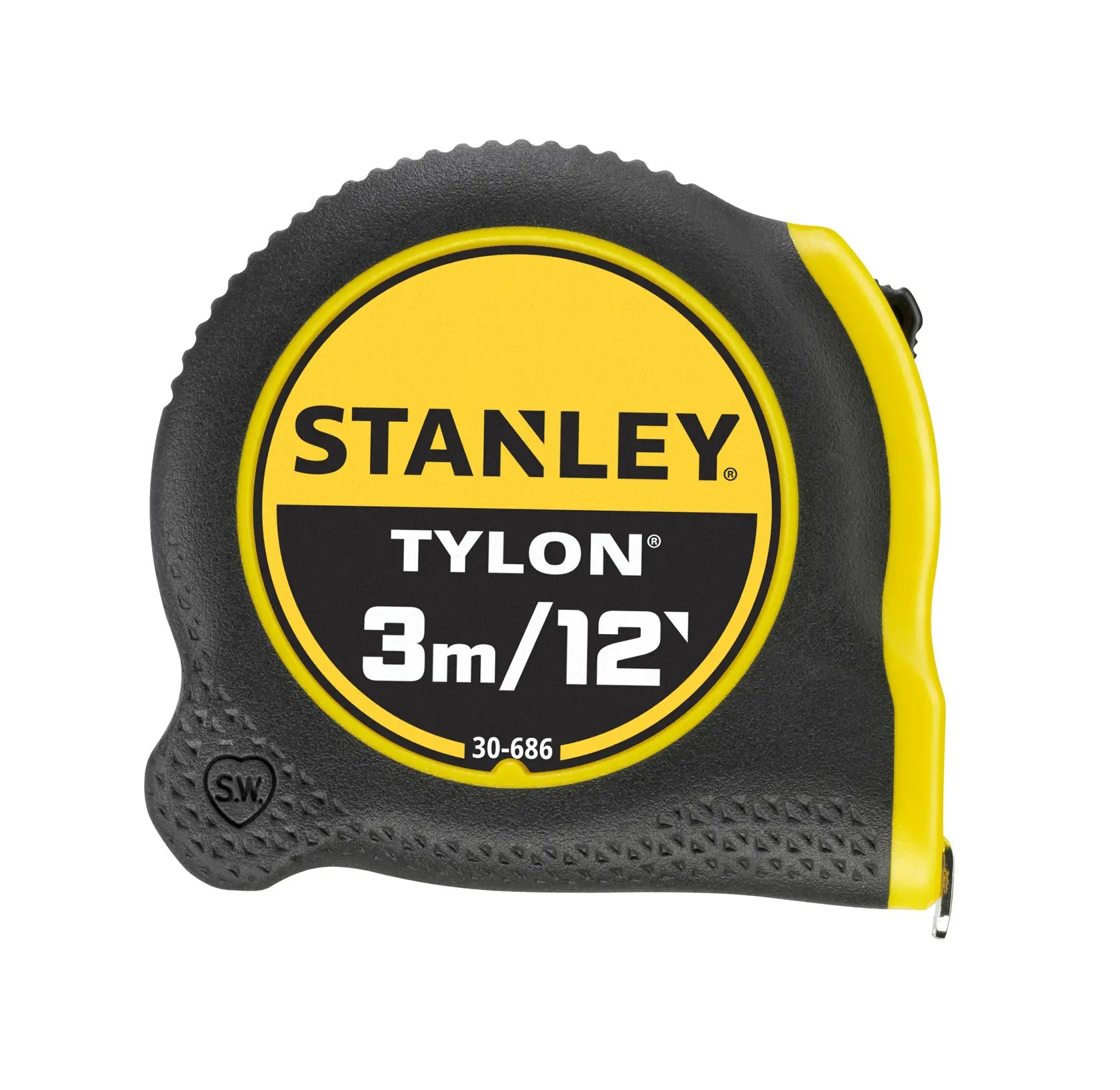 Photo of STANLEY 0-30-686 tape measure, black and yellow, 3m/12ft, product side angle on white background.