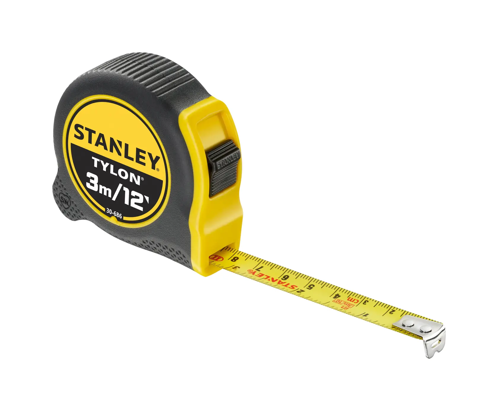 STANLEY 0-30-686 tape measure, black and yellow, 3m/12ft, side view with extended yellow blade.