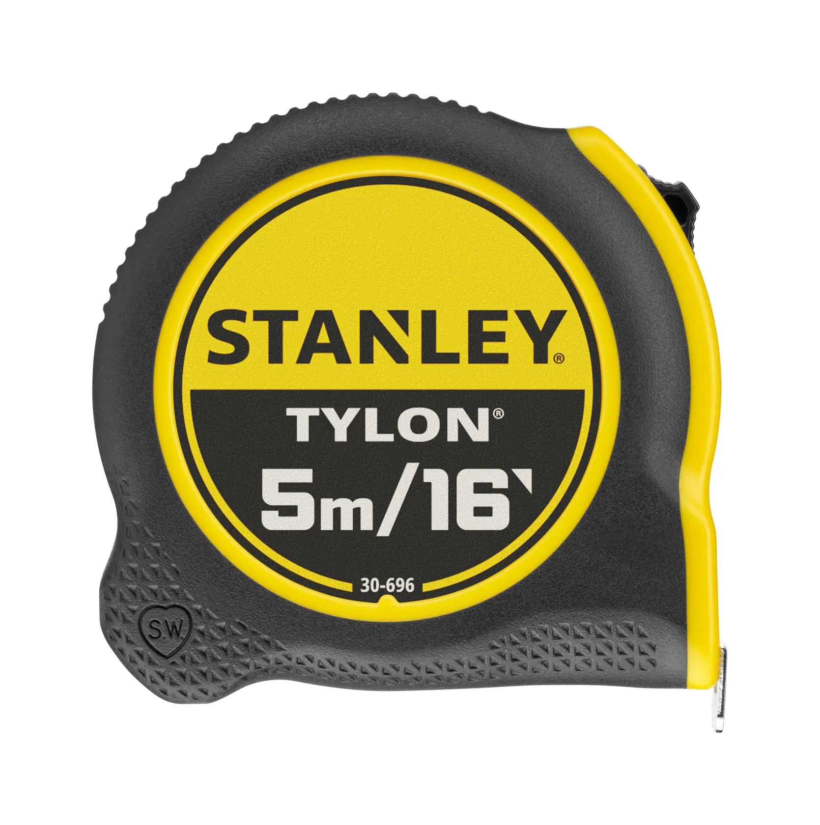 STANLEY 0-30-696 Tylon tape measure, black and yellow, photography of front view on white background.