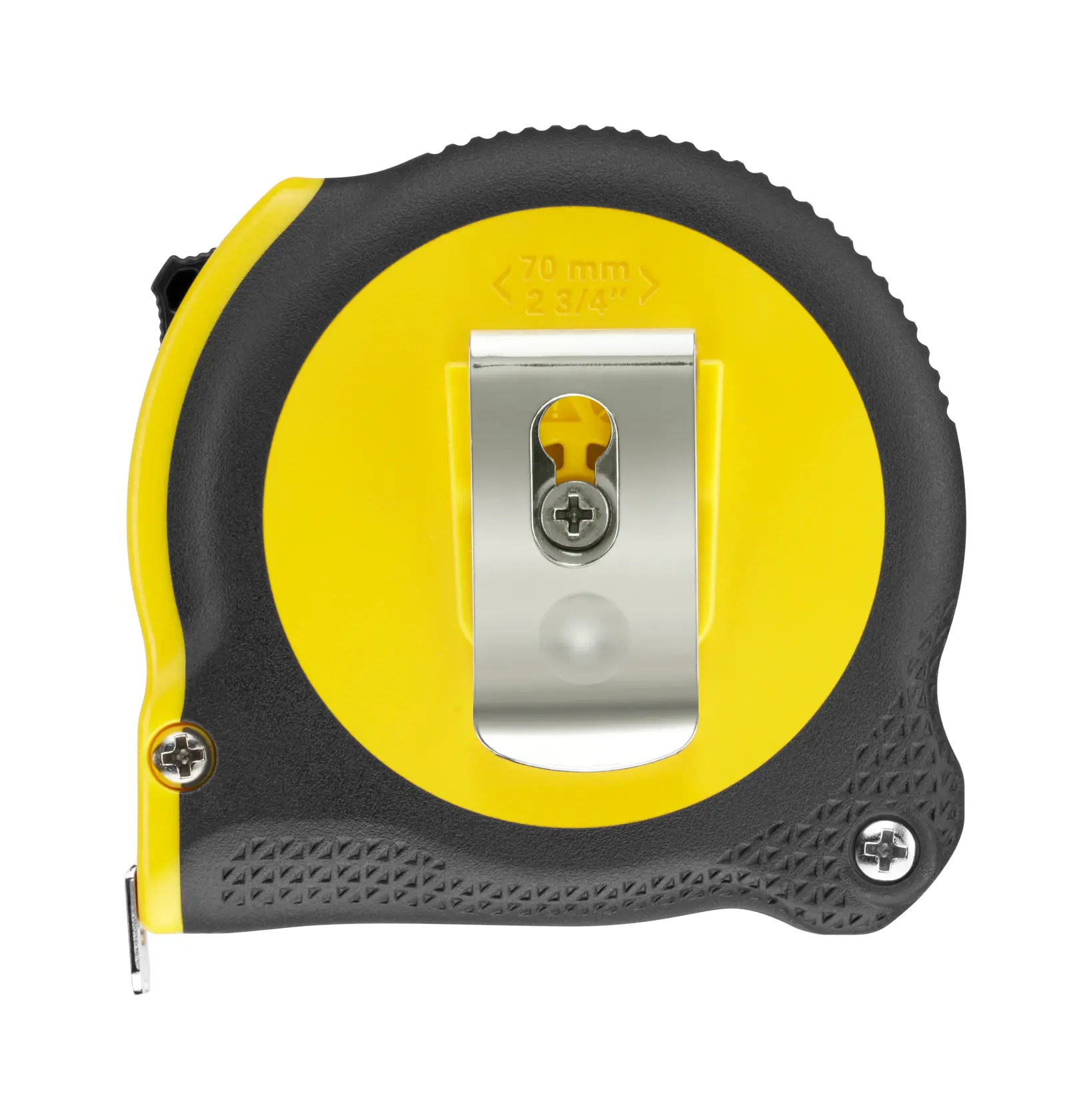 STANLEY 0-30-696 tape measure, yellow and black, with metal belt clip, rear view, photography