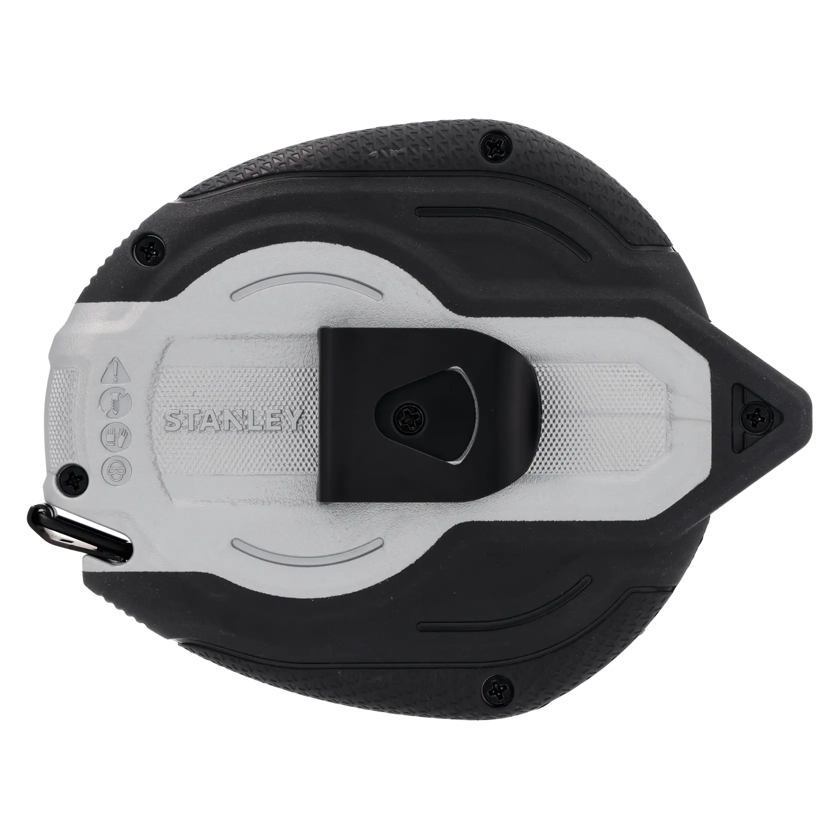 STANLEY 0-34-132 chalk line reel with black and gray casing, belt clip, and visible front view on white background.
