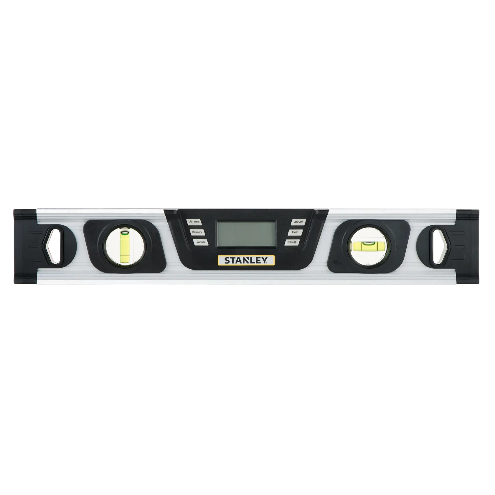 STANLEY 0-42-063 digital spirit level with LCD display, silver body, and three bubble vials, front view.