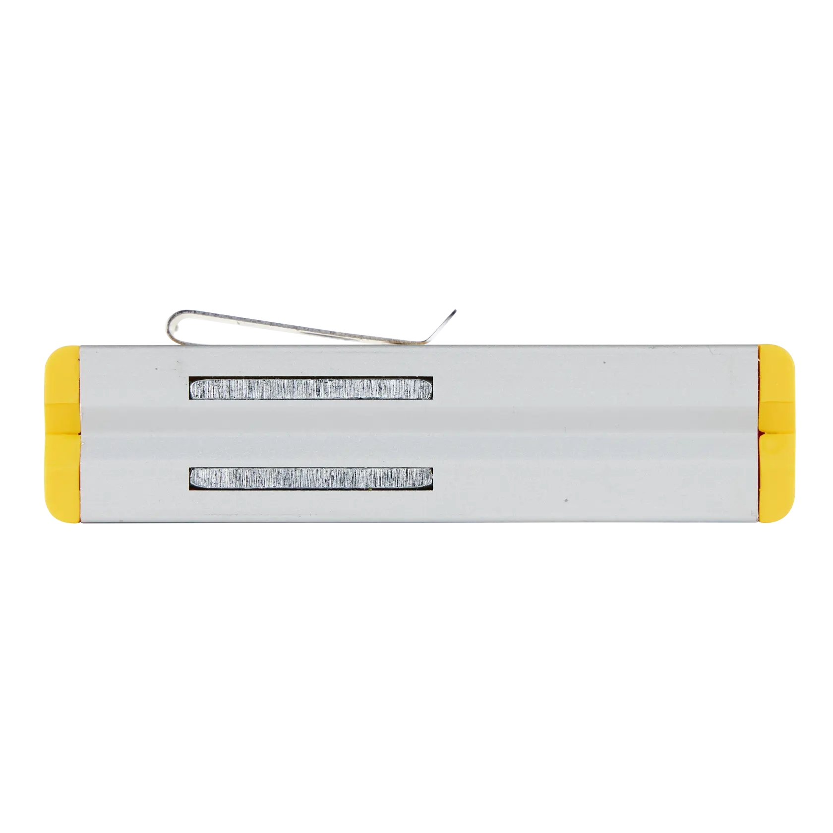 Stanley aluminum line level with yellow ends and metal hook, viewed from the side.