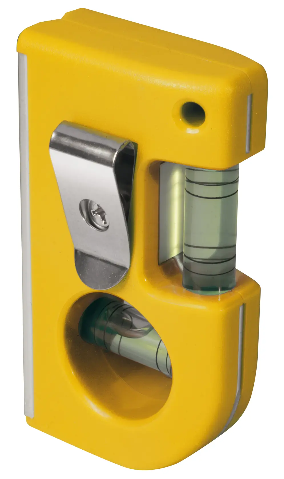 STANLEY 0-42-130 yellow pocket level with metal clip, front angle, photography product.