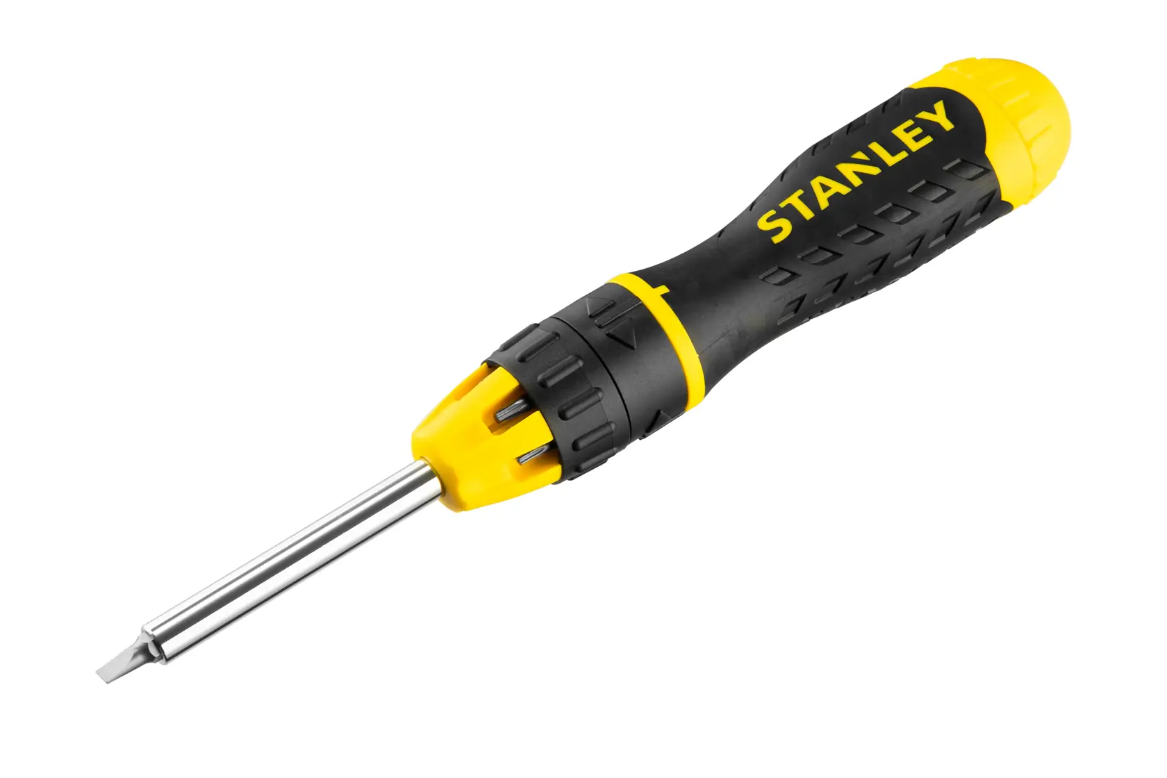 STANLEY 0-68-010 screwdriver with black and yellow ergonomic handle, side angle on white background.