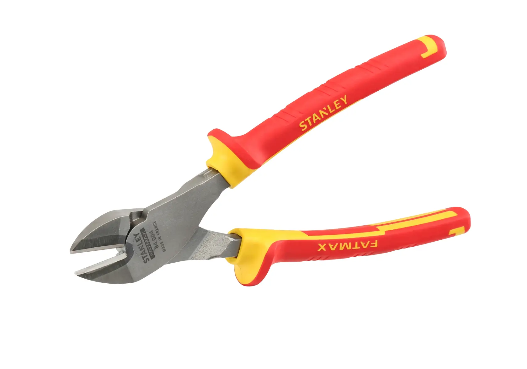 Stanley diagonal cutting pliers with red and yellow insulated handles, shown on a white background.