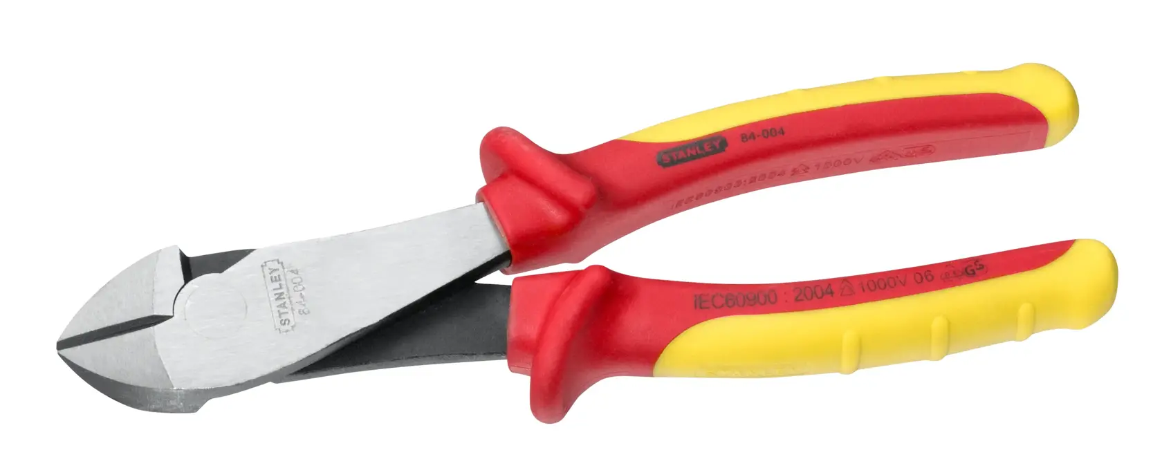 Photo of STANLEY 0-84-004 insulated diagonal cutting pliers with red and yellow handles, side view on white background.
