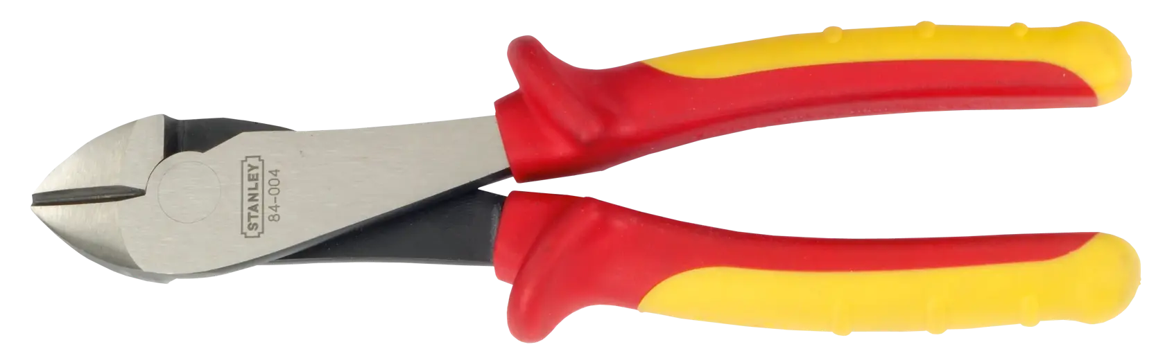 STANLEY 0-84-004 diagonal cutting pliers with red and yellow insulated handles, product photography, side angle.