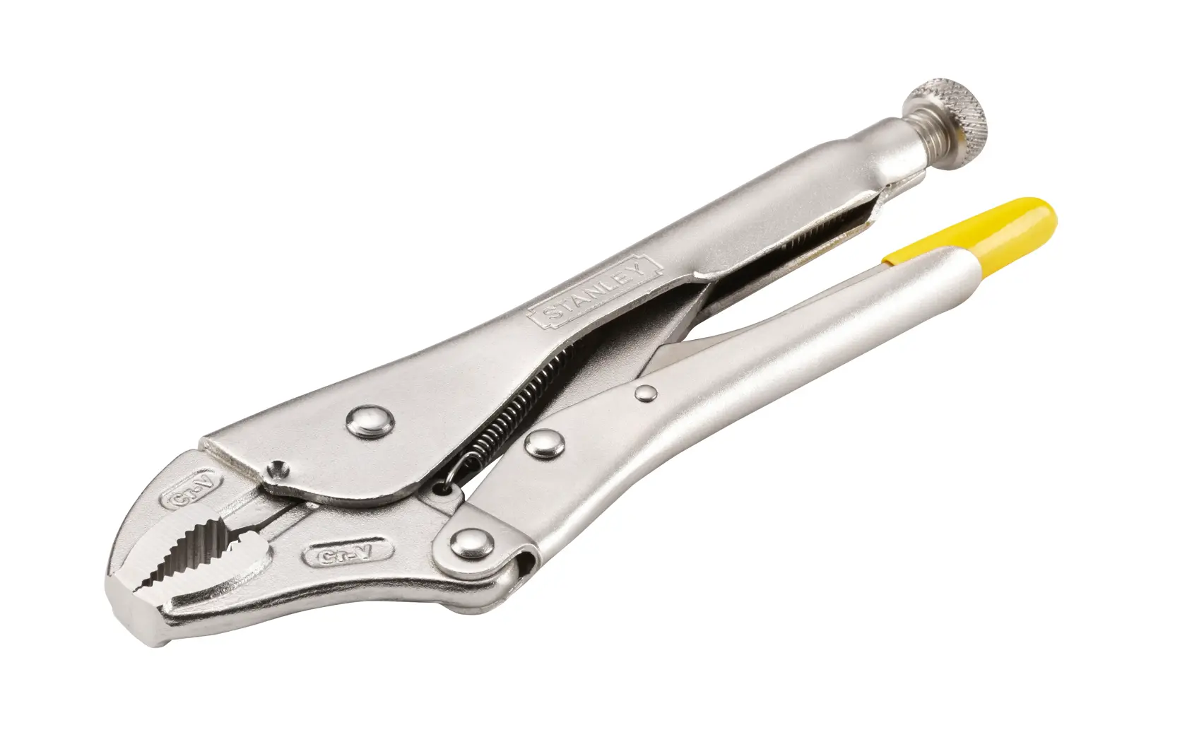 STANLEY 0-84-809 locking pliers, silver metal finish with yellow handle tip, side view on white background.