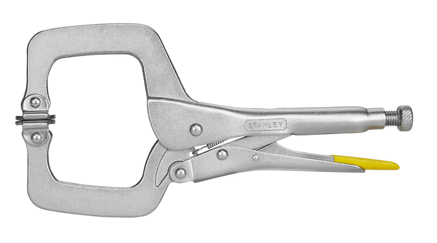 Stanley C-clamp locking pliers with wide jaws and yellow handle grip, used for secure clamping in workshops.