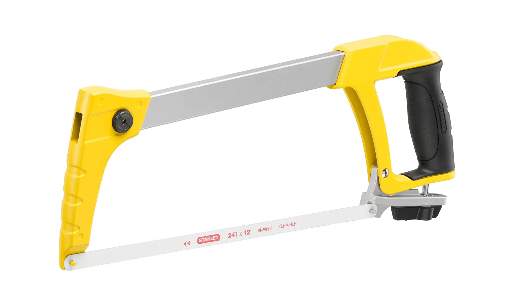 Photo of STANLEY 1-20-110 metal hacksaw with yellow frame and black ergonomic handle, side angle view.