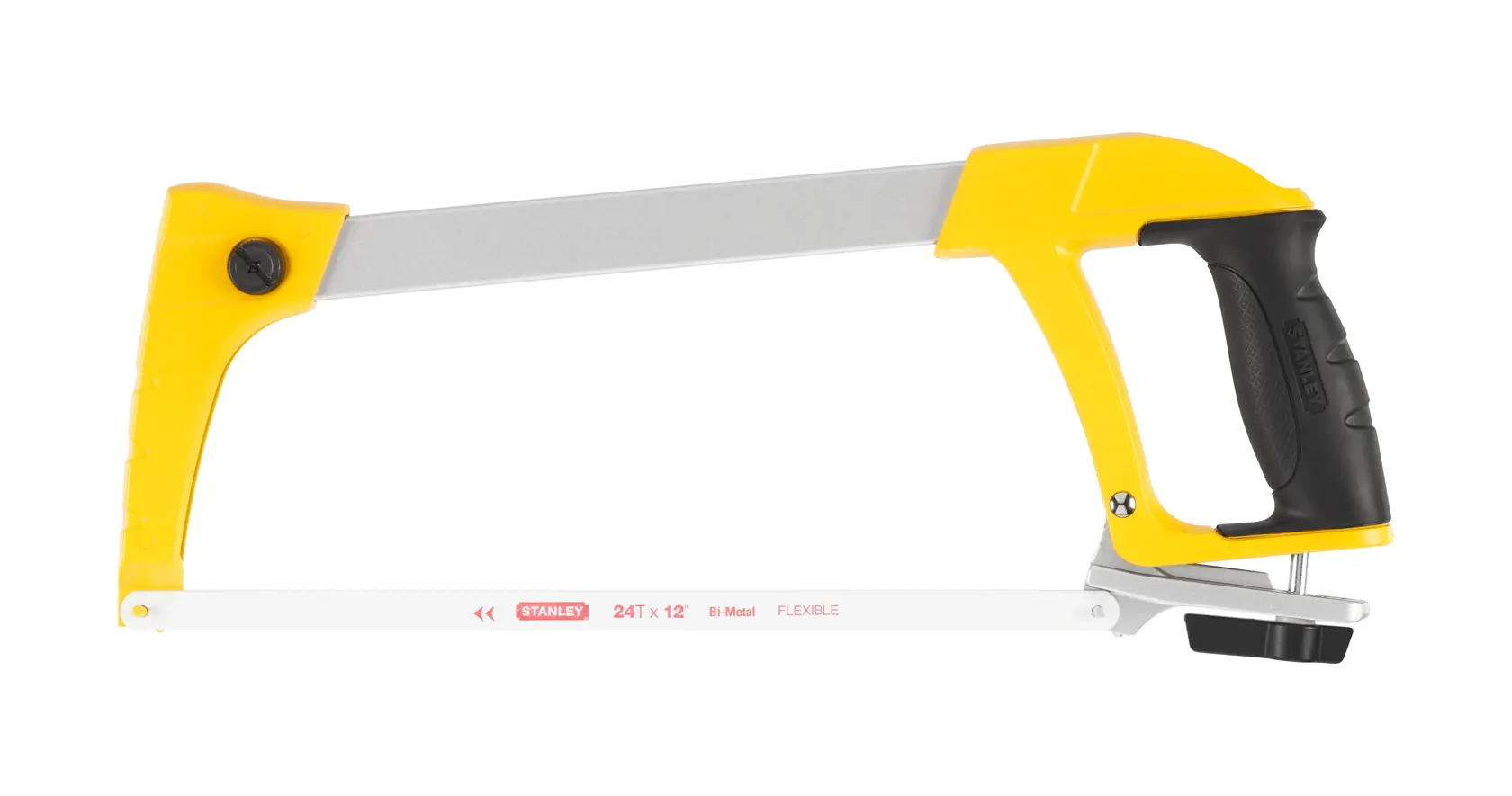 STANLEY 1-20-110 hacksaw with yellow and black handle, side angle, photography product category.