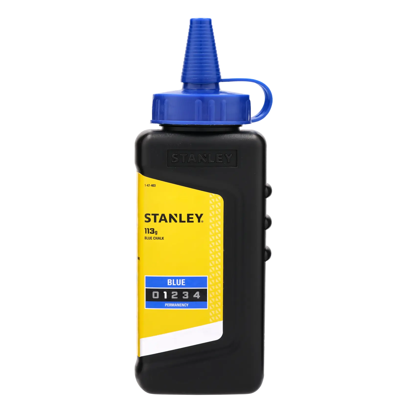 STANLEY 1-47-403 blue chalk bottle, 113g, with yellow label and blue cap, product photo on white background.