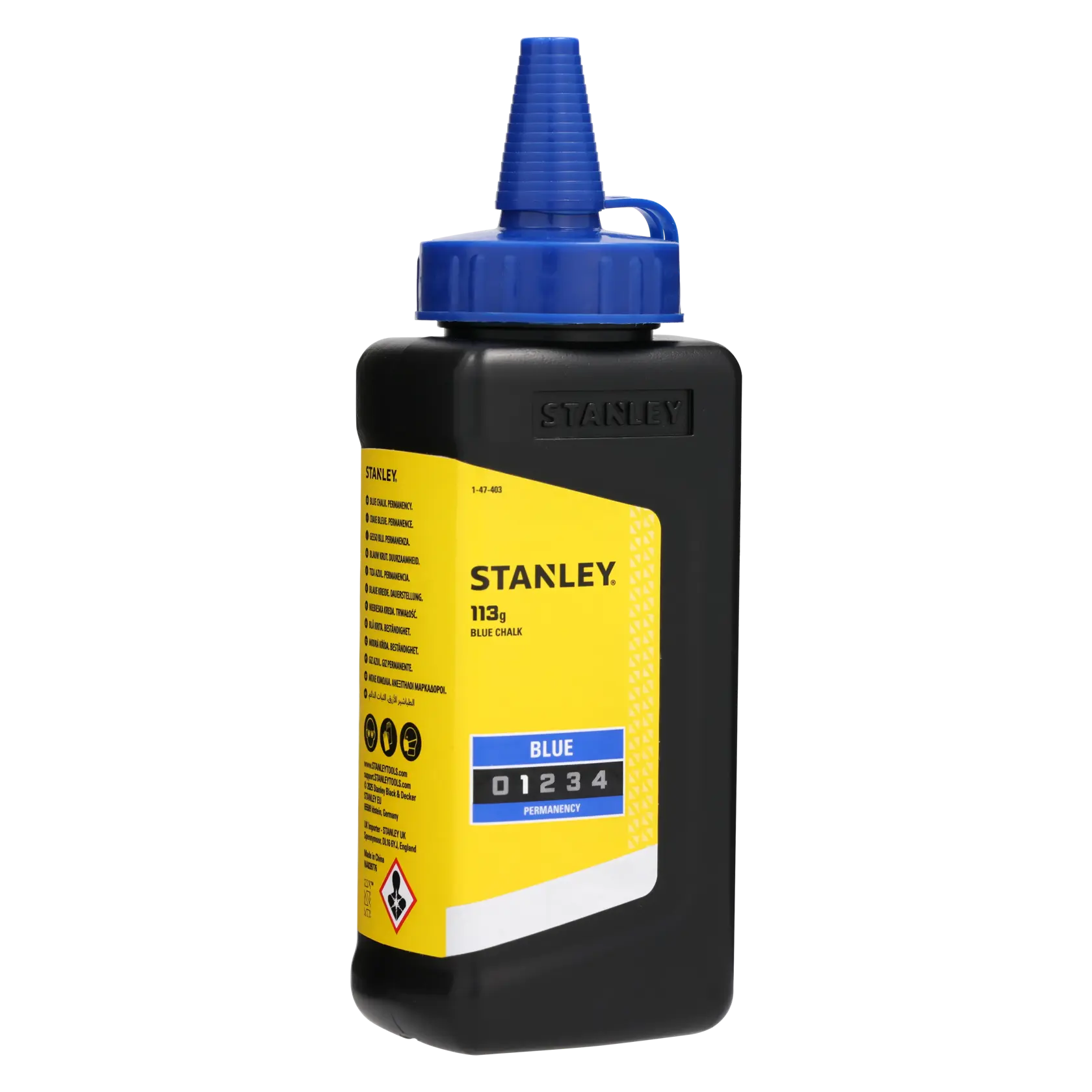 STANLEY 1-47-403 blue chalk bottle, 113g, black container with yellow label and blue cap, front angle.