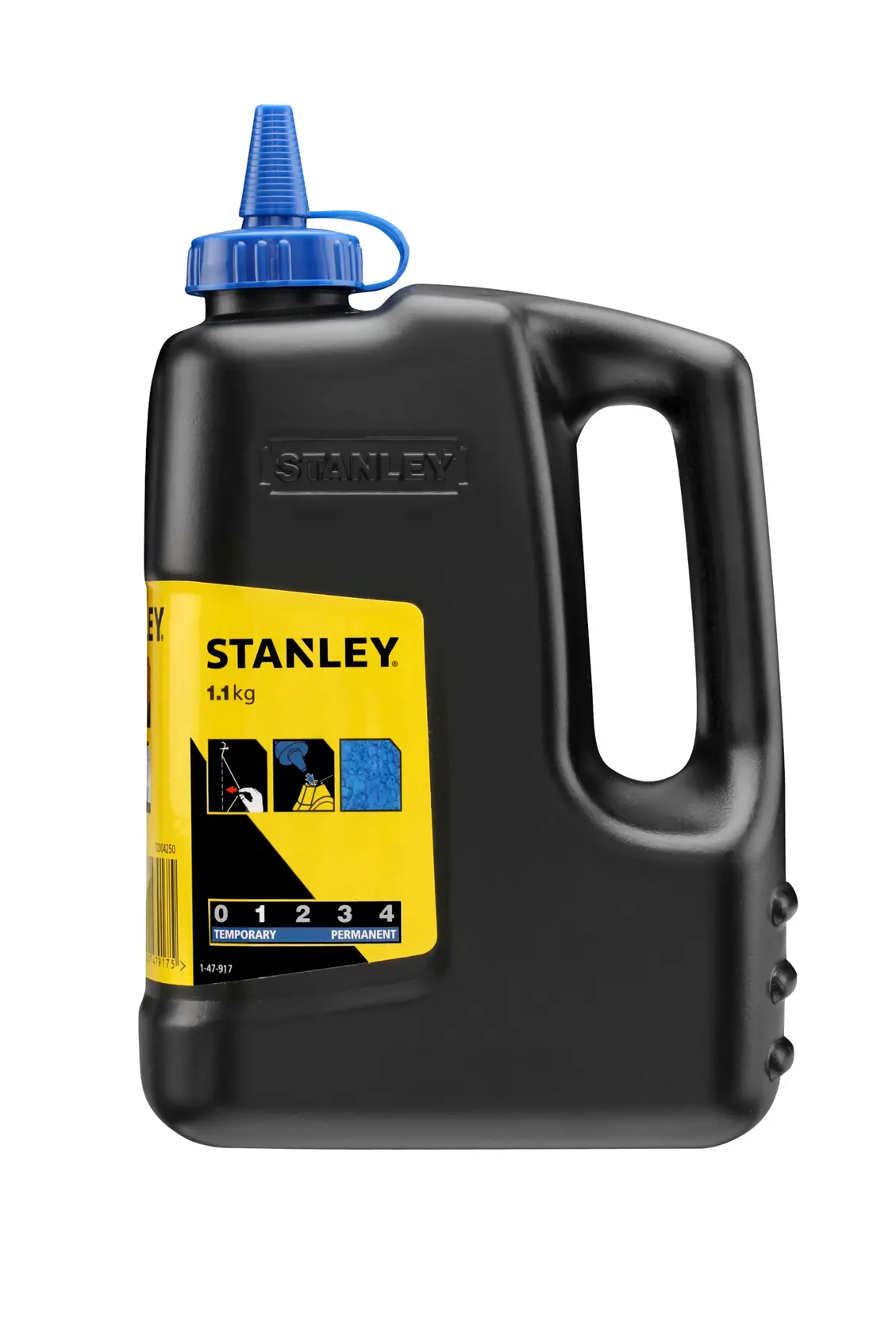 STANLEY 1-47-917 black chalk powder bottle with yellow label and blue cap, product front on white background.