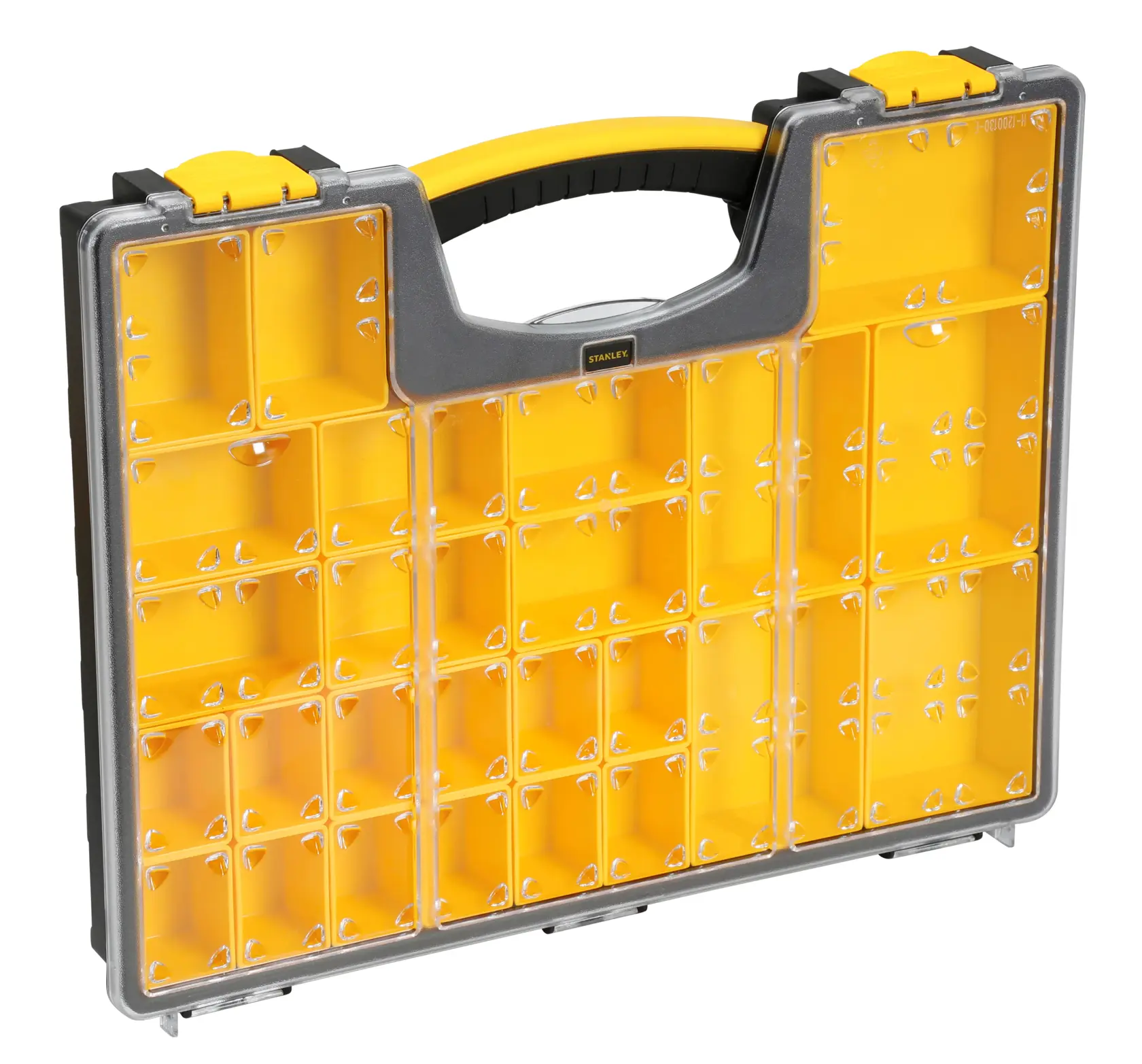 STANLEY 1-92-748 yellow and clear plastic organizer box, front angle, with handle and multiple compartments.