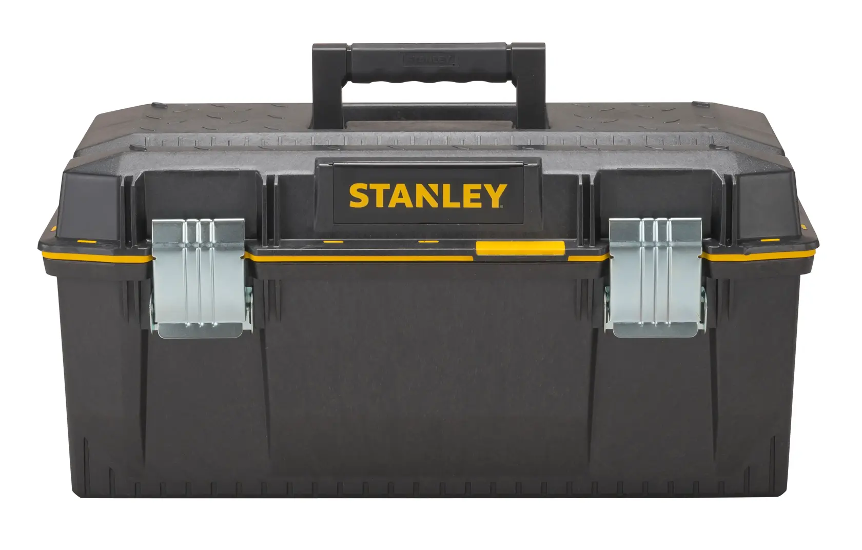 STANLEY 1-93-935 black toolbox with metal latches and handle, front angle, photography.