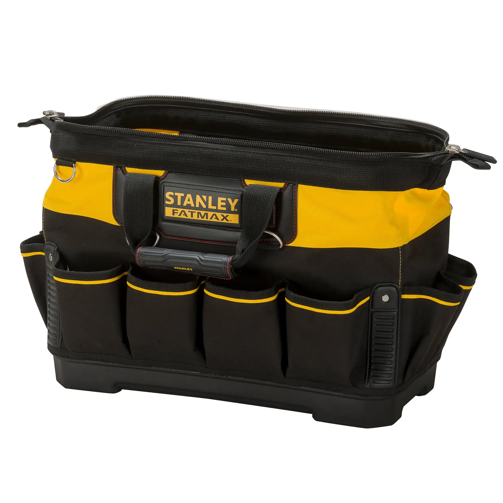 STANLEY 1-93-950 tool bag with multiple exterior pockets, black and yellow, front angle on white background.