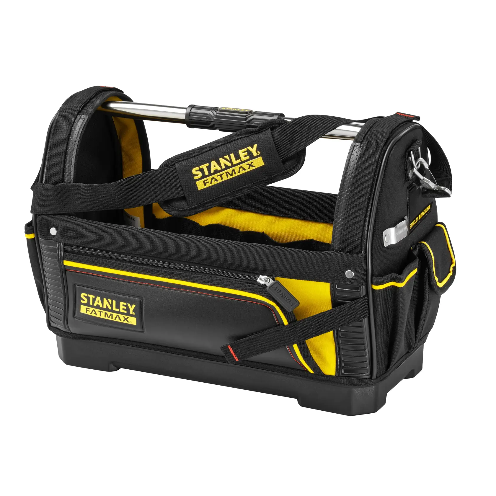 STANLEY 1-93-951 tool bag with open top, black and yellow, front angle, reinforced handle.