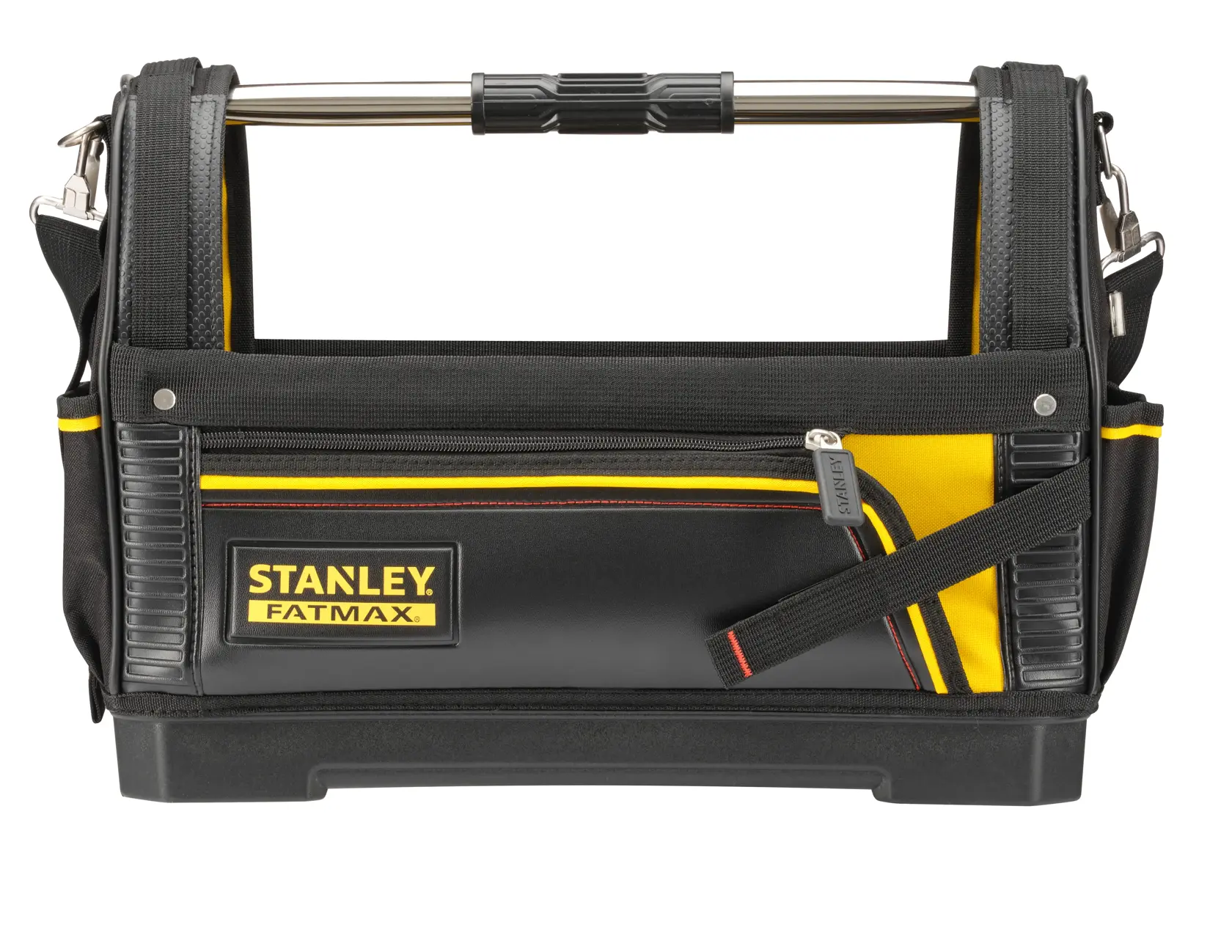 STANLEY 1-93-951 tool bag, black and yellow, front angle, open top with metal handle.